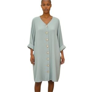 Chetta B Sage Green Crinkle Button-Front Midi Dress Sz 10 Coastal Minimalist